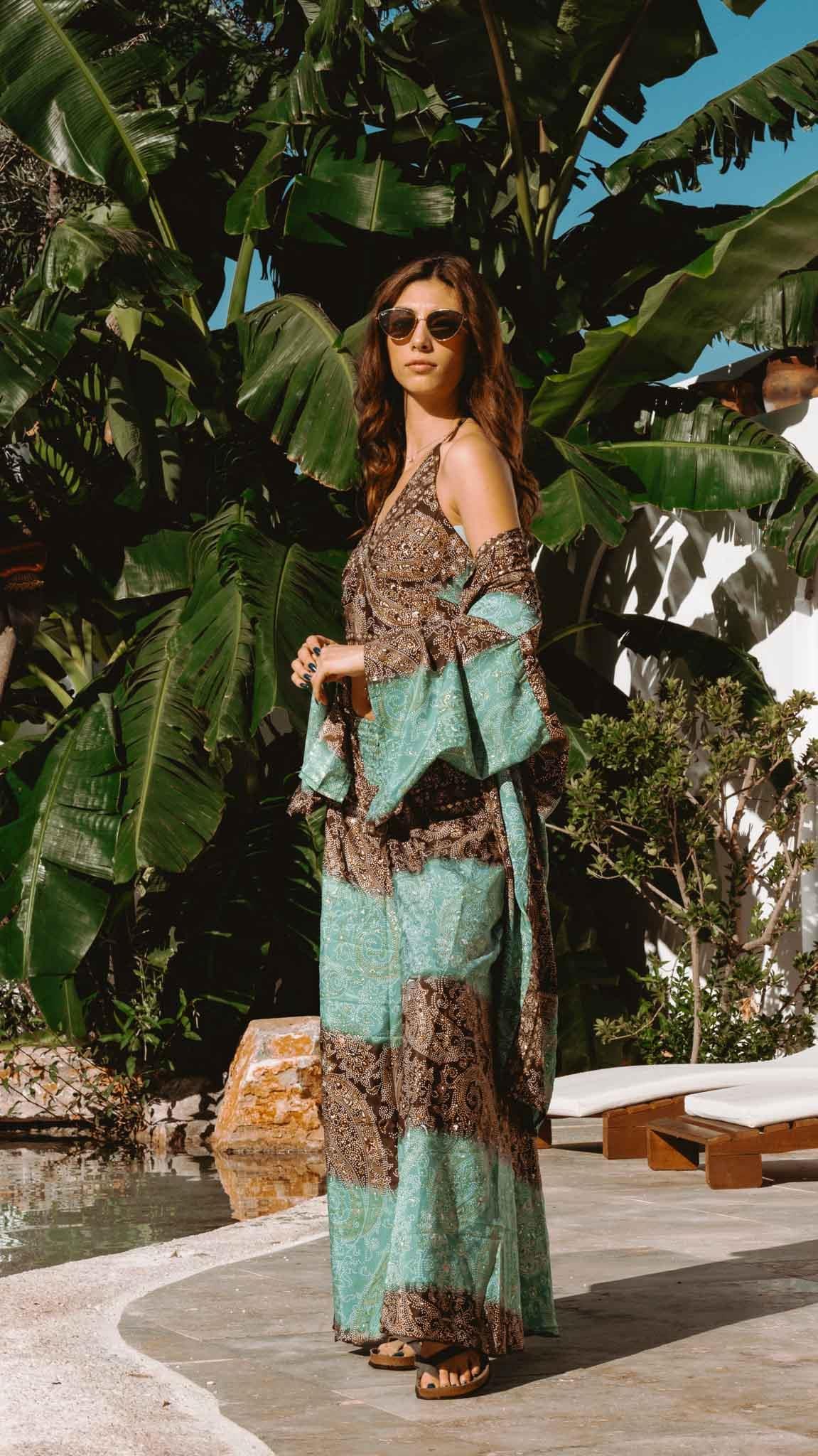 Yeşil İpek Pantolon Crop Kimono Üçlü Takım