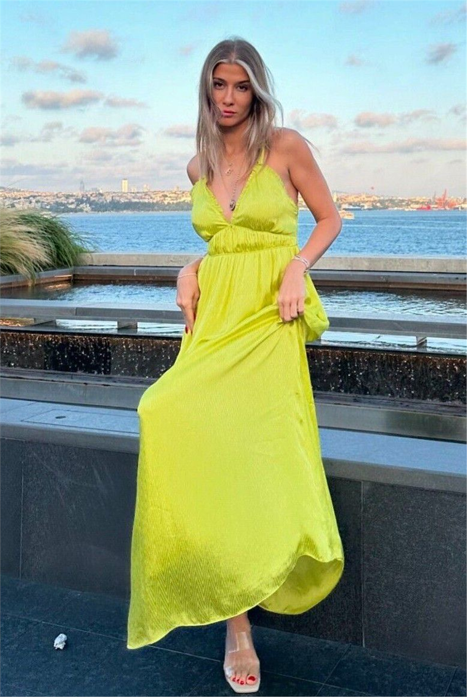Yeşil Maxi Saten İthal Bohem Elbise