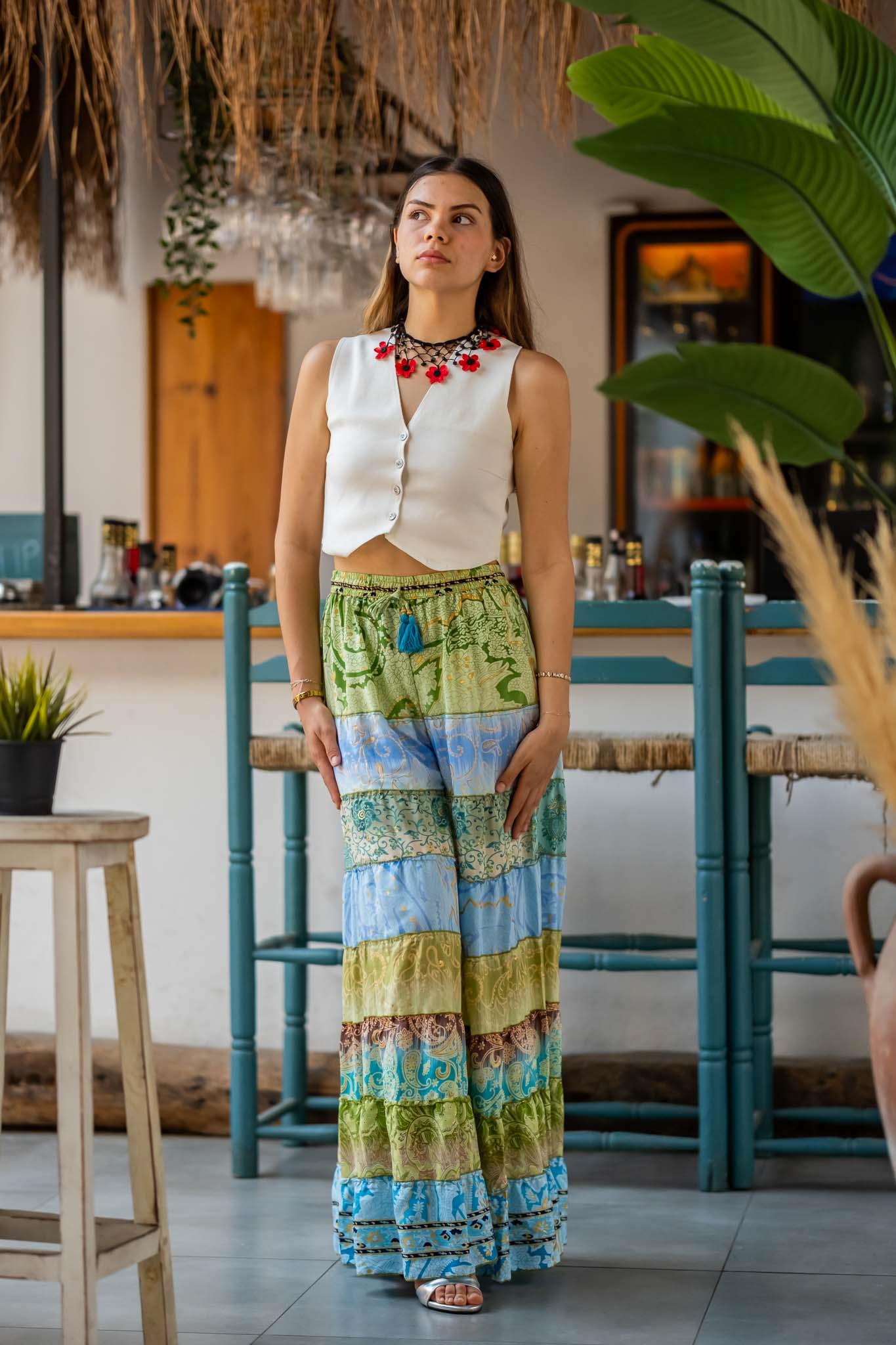 Yeşil Renk Bohem Patchwork Palazzo İpek Pantolon