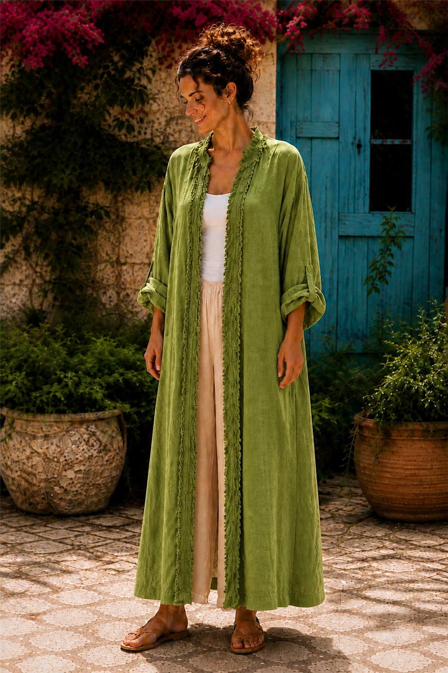 Yeşil Renk Bohem Püsküllü ve Cep Detaylı Keten Kaftan