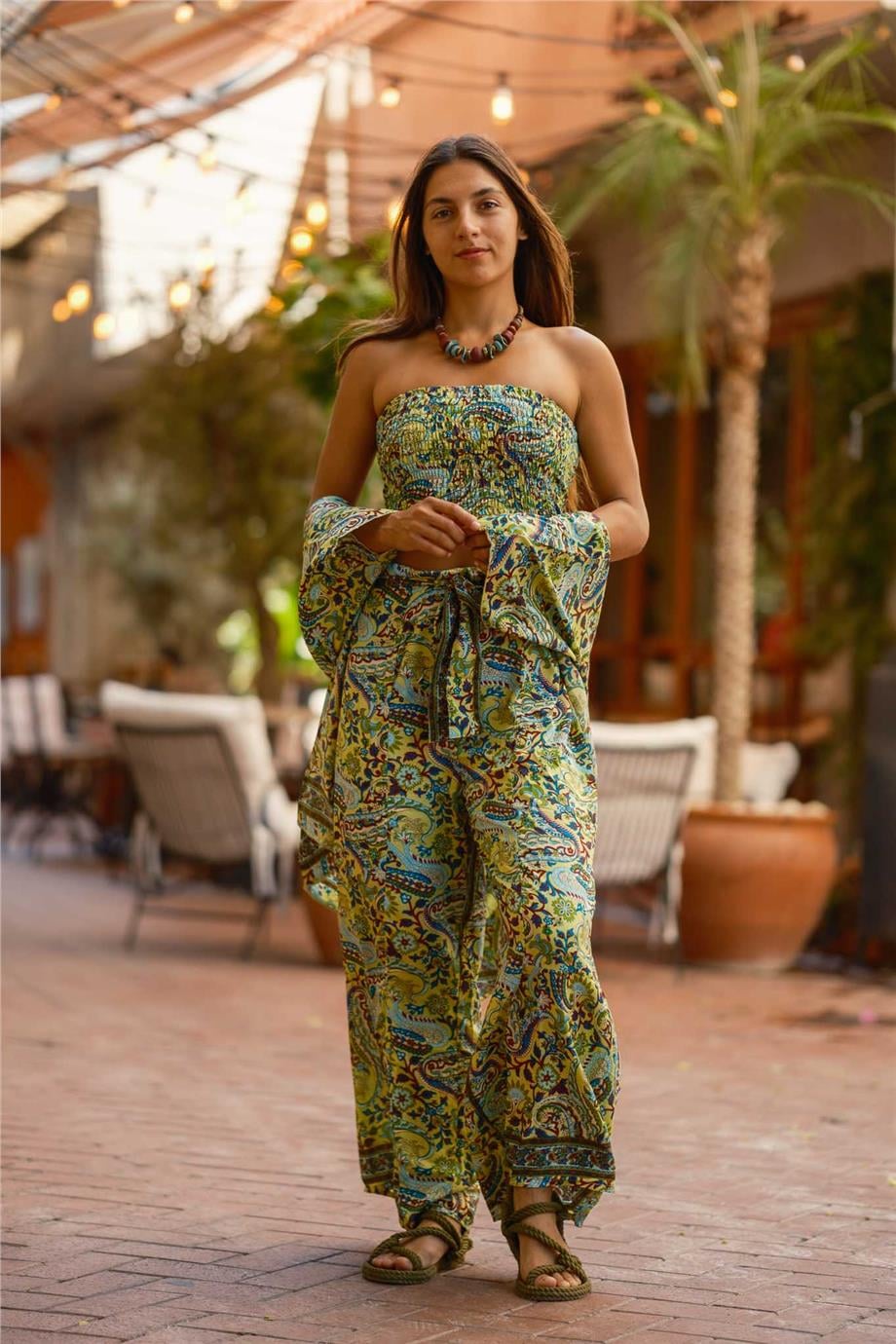 Yeşil Renk Çiçek Desenli İpek Pantolon Crop Kimono Takım