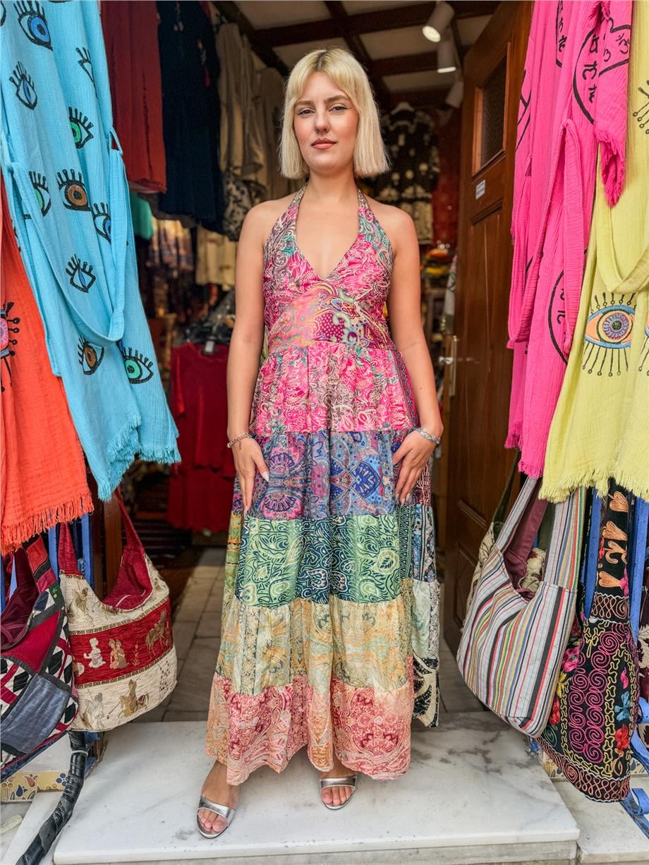 Yeşil Renk Gold Detaylı Boyundan Bağlamalı Patchwork İpek Elbise