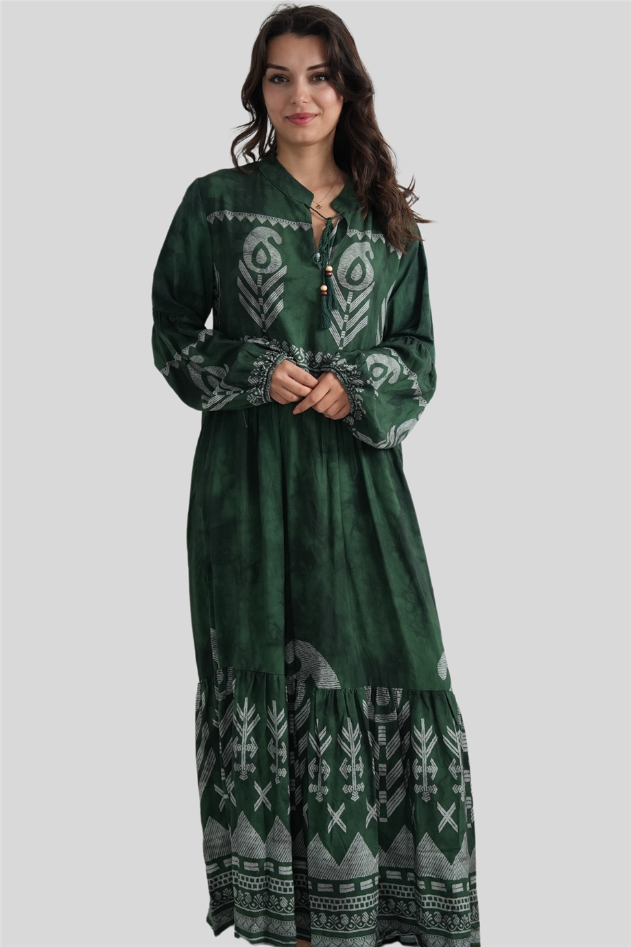 Yeşil V Yaka Bohem Elbise