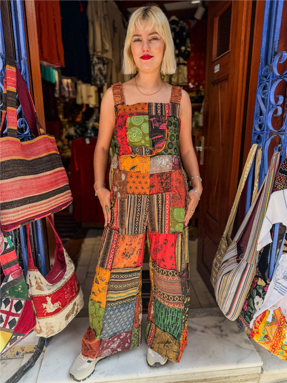 Zenya Yeşil Renk Unisex Nepal Patchwork Tulum