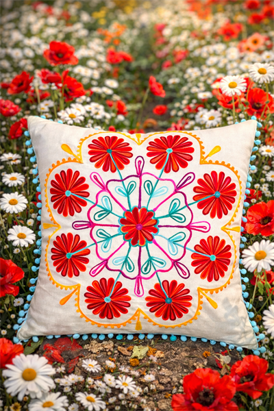 Beyaz Renk Yaz Bahçesi Mandala Nakışlı Ponponlu Bohem Yastık Kılıfı 50cmX50cm