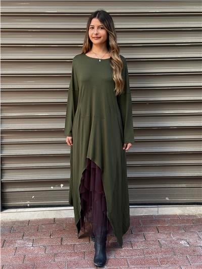 Haki Asimetrik Maxi Uzun Tunik