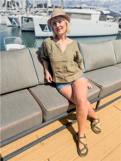 Haki Renk Keten Bluz