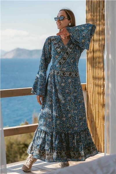 Lacivert Renk Çiçek Desenli İpek Kaftan