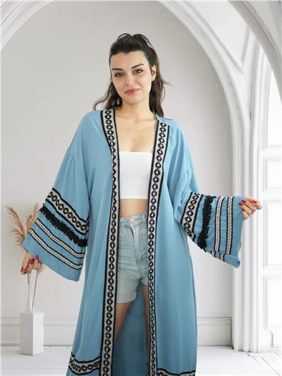 Mavi Nakışlı Detaylı Kaftan