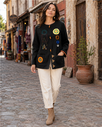 Siyah Renk Boho Art Özel Tasarım El Örgüsü Motifli Cep Detaylı Ceket