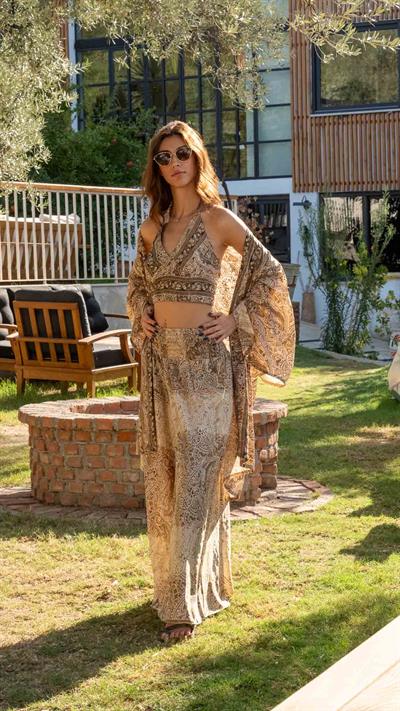 Toprak Rengi İpek Pantolon Crop Kimono Üçlü Takım