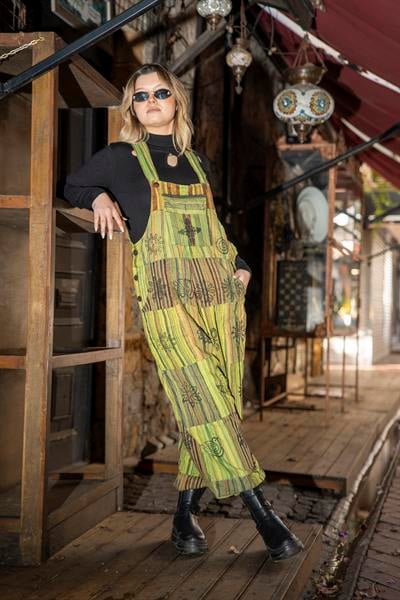 Fıstık Yeşili Unisex Nepal Patchwork Tulum