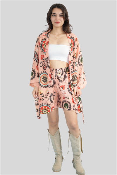 Yavruağzı Renk Keten Şort Kimono Takım