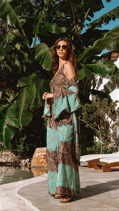 Yeşil İpek Pantolon Crop Kimono Üçlü Takım