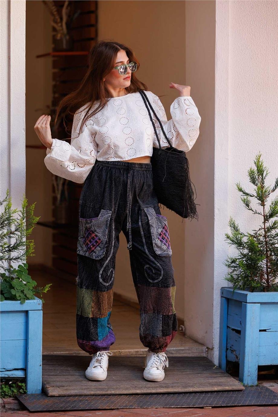 Antrasit Renk Cep Detaylı Patchwork Bohem Pantolon