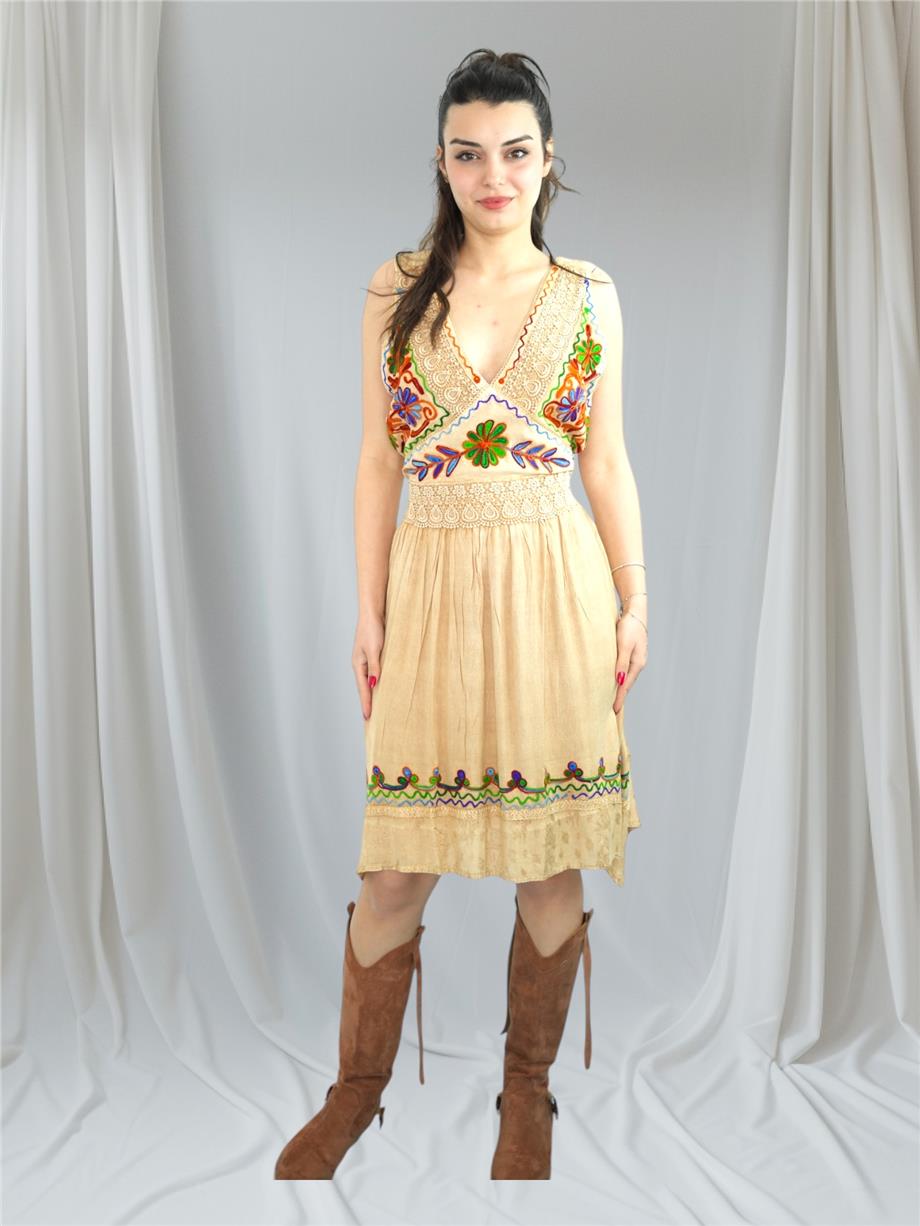 Beige Dress with Floral Embroidery