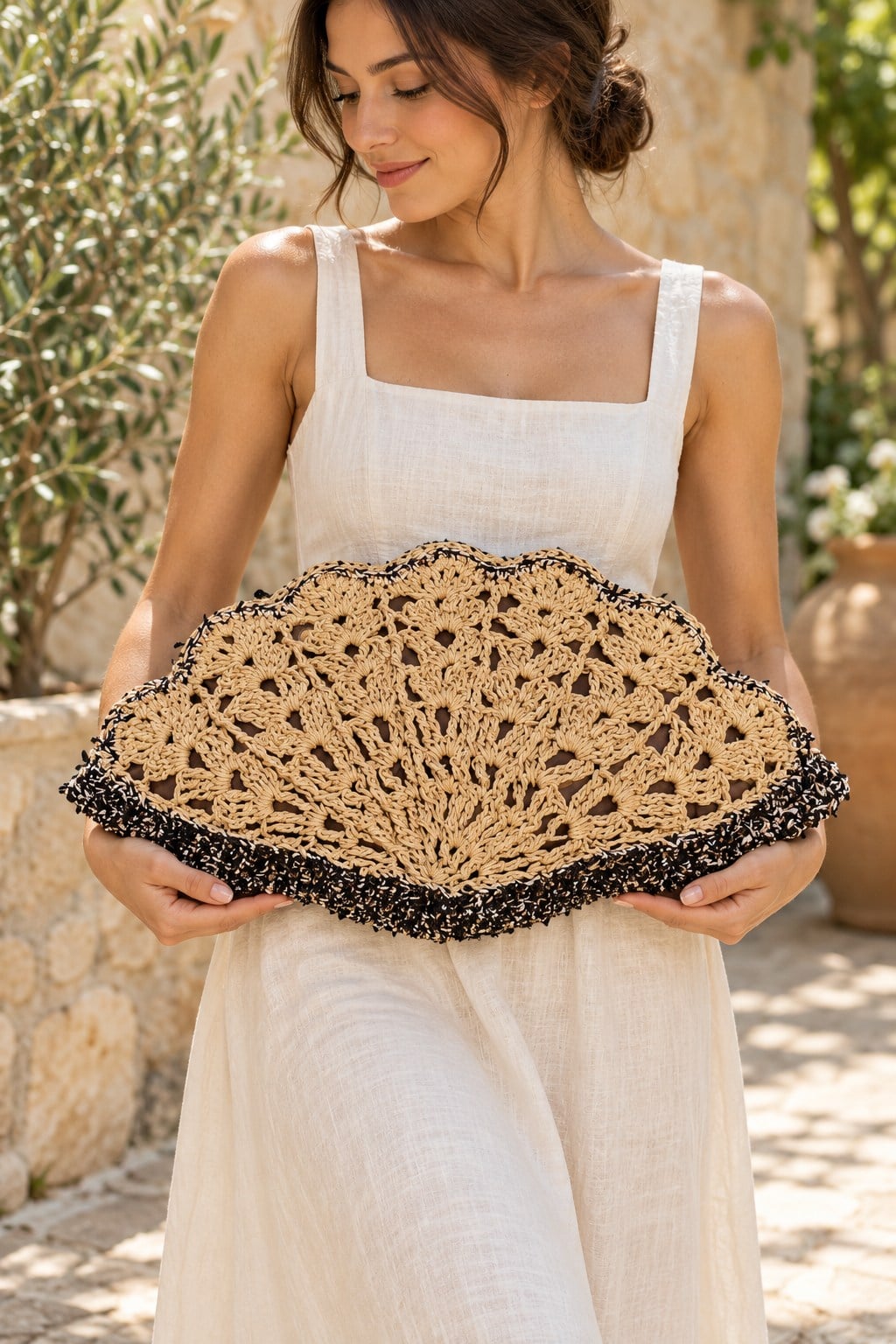 Bej El Örgüsü Özel Tasarım Midye Clutch Çanta