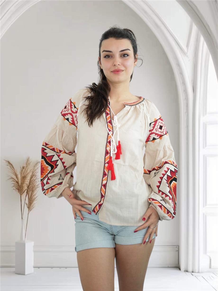 Beige Ethnic Embroidered Shirt