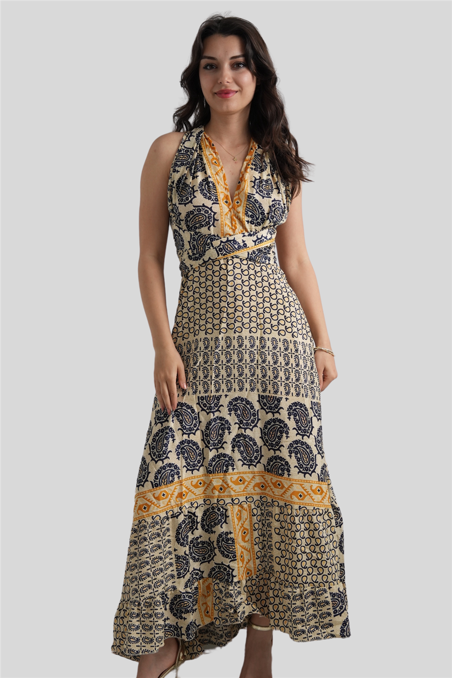 Beige Halter Neck Backless Silk Dress