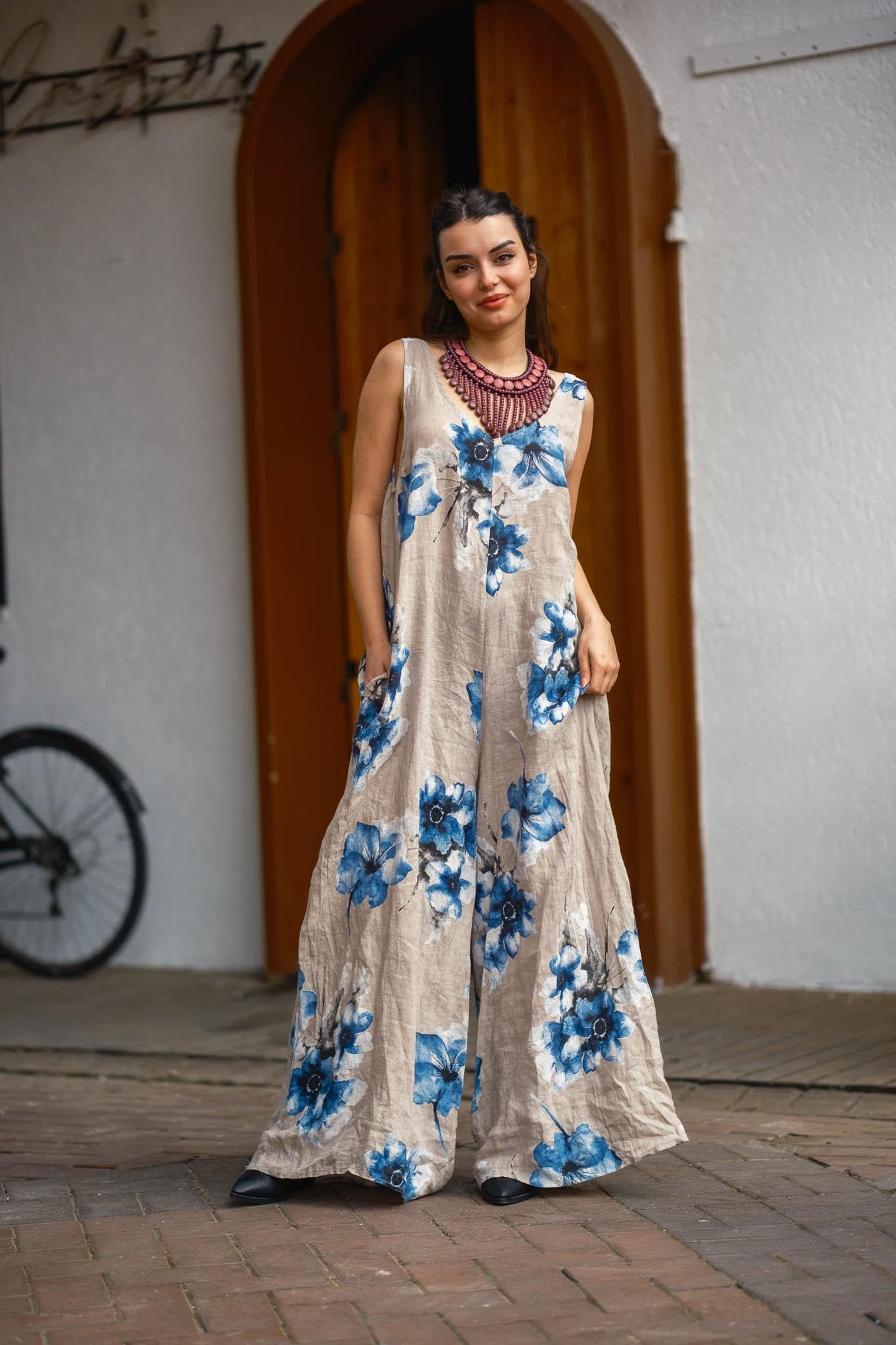Beige Floral Patterned Linen Jumpsuit