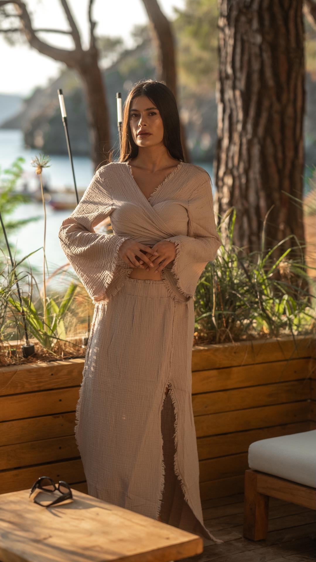 Bej Renk Mikanos Müslin Etek