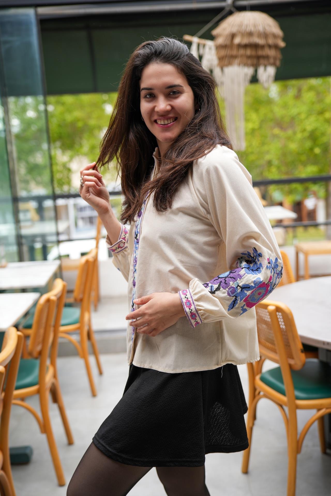 Beige Shirt with Purple Floral Embroidery