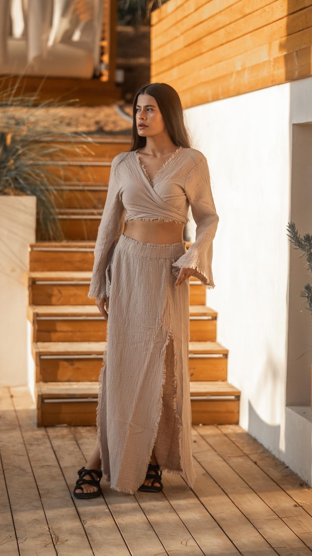 Bej Renk Müslin Crop