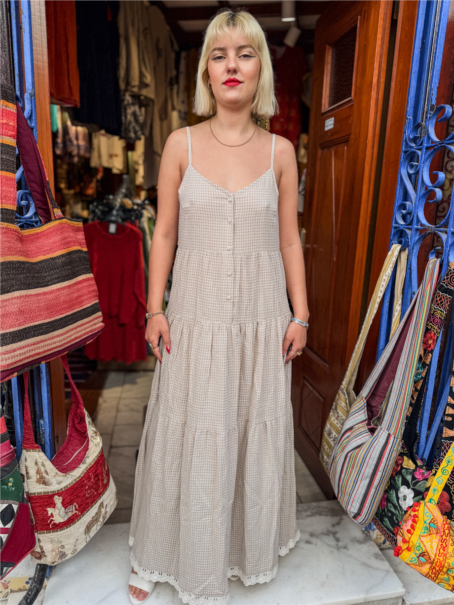 Bej Renk Pötikare Desenli Askılı Bohem Elbise