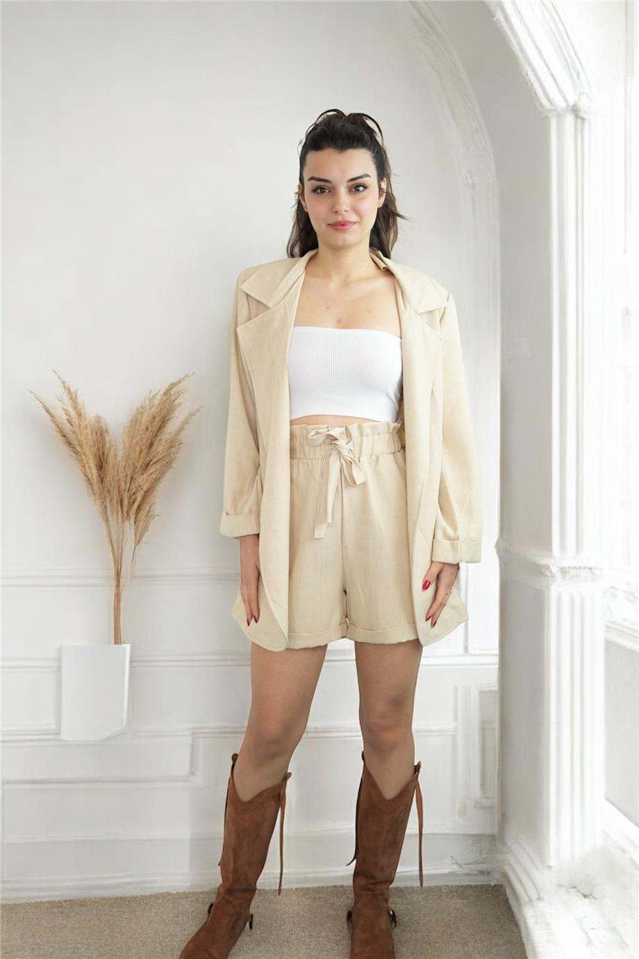 Beige Shorts Jacket Linen Suit
