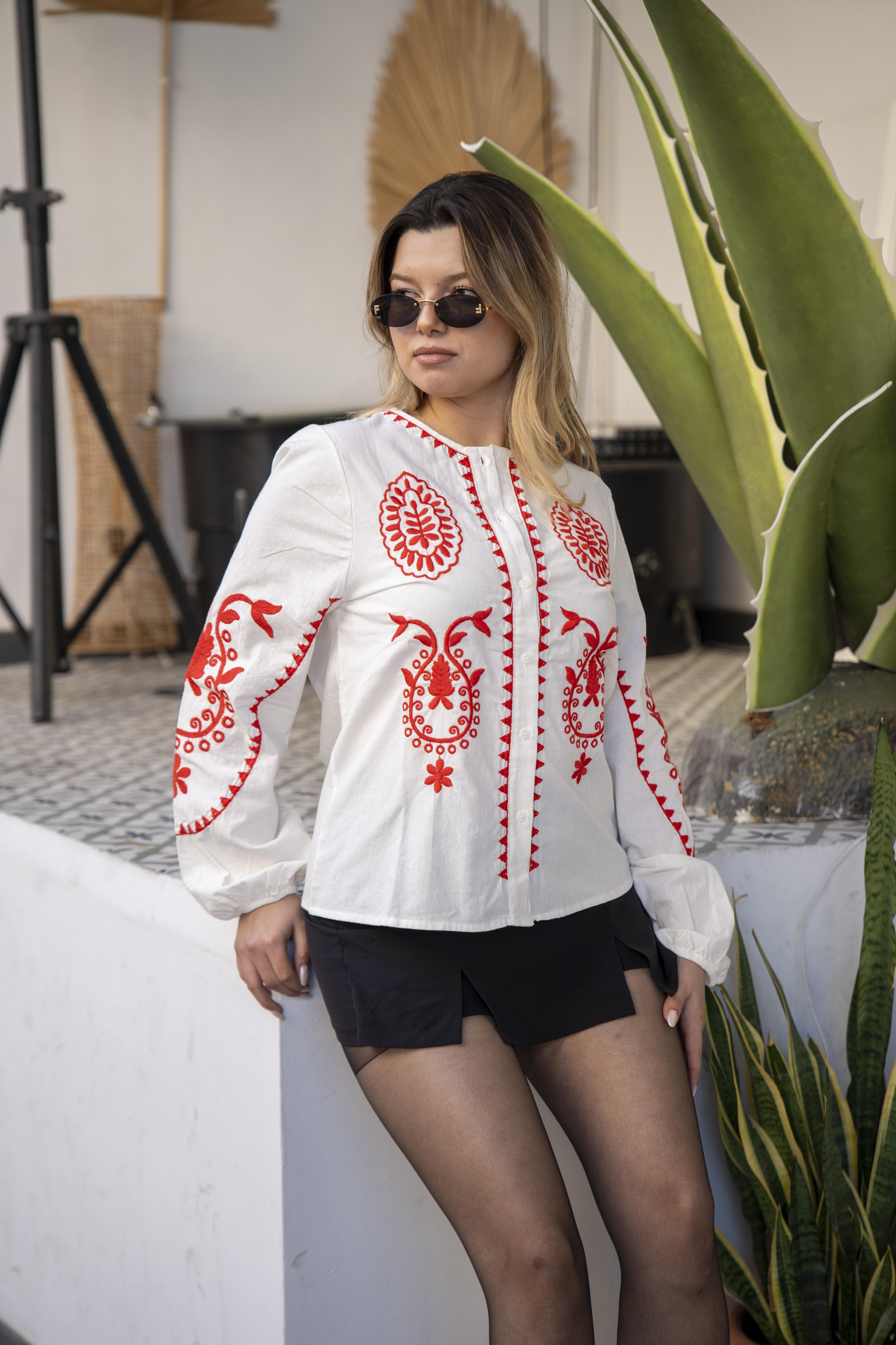 White Design Shirt with Red Embroidery