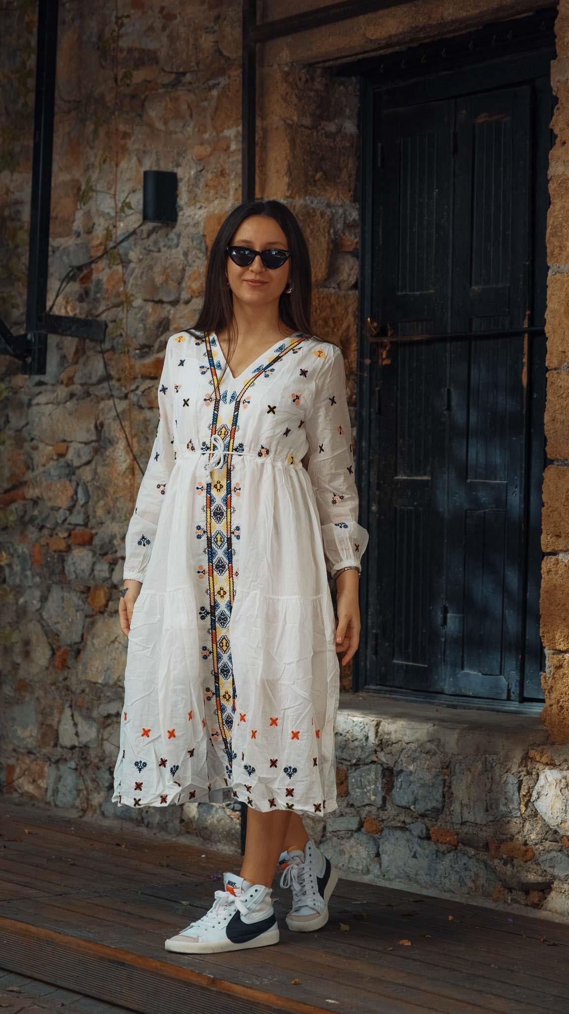 White Dress with Tie Waist and Colorful Embroidery