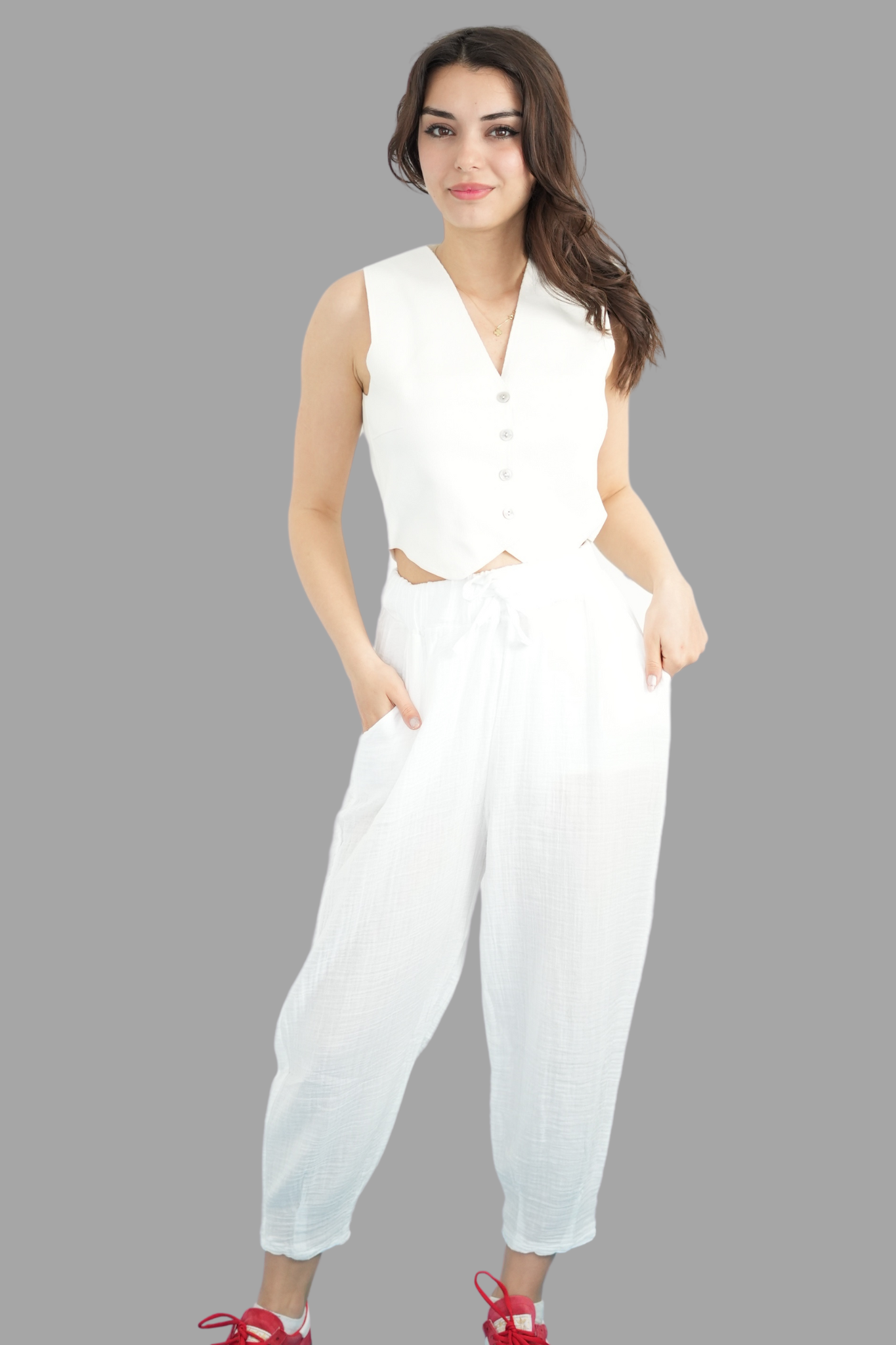 Beyaz Beli Lastikli Müslin Pantolon