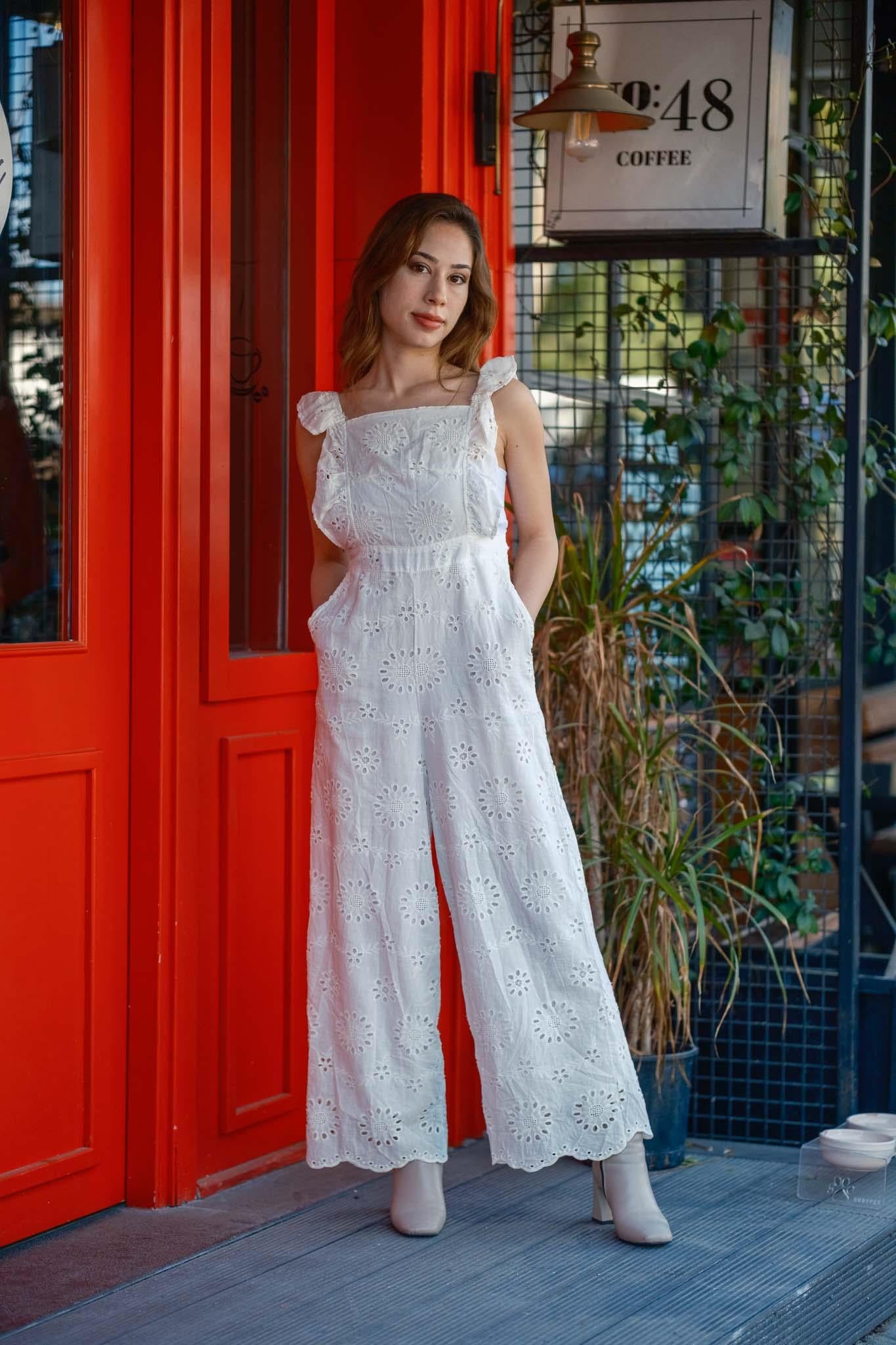 White Embroidered Backless Jumpsuit