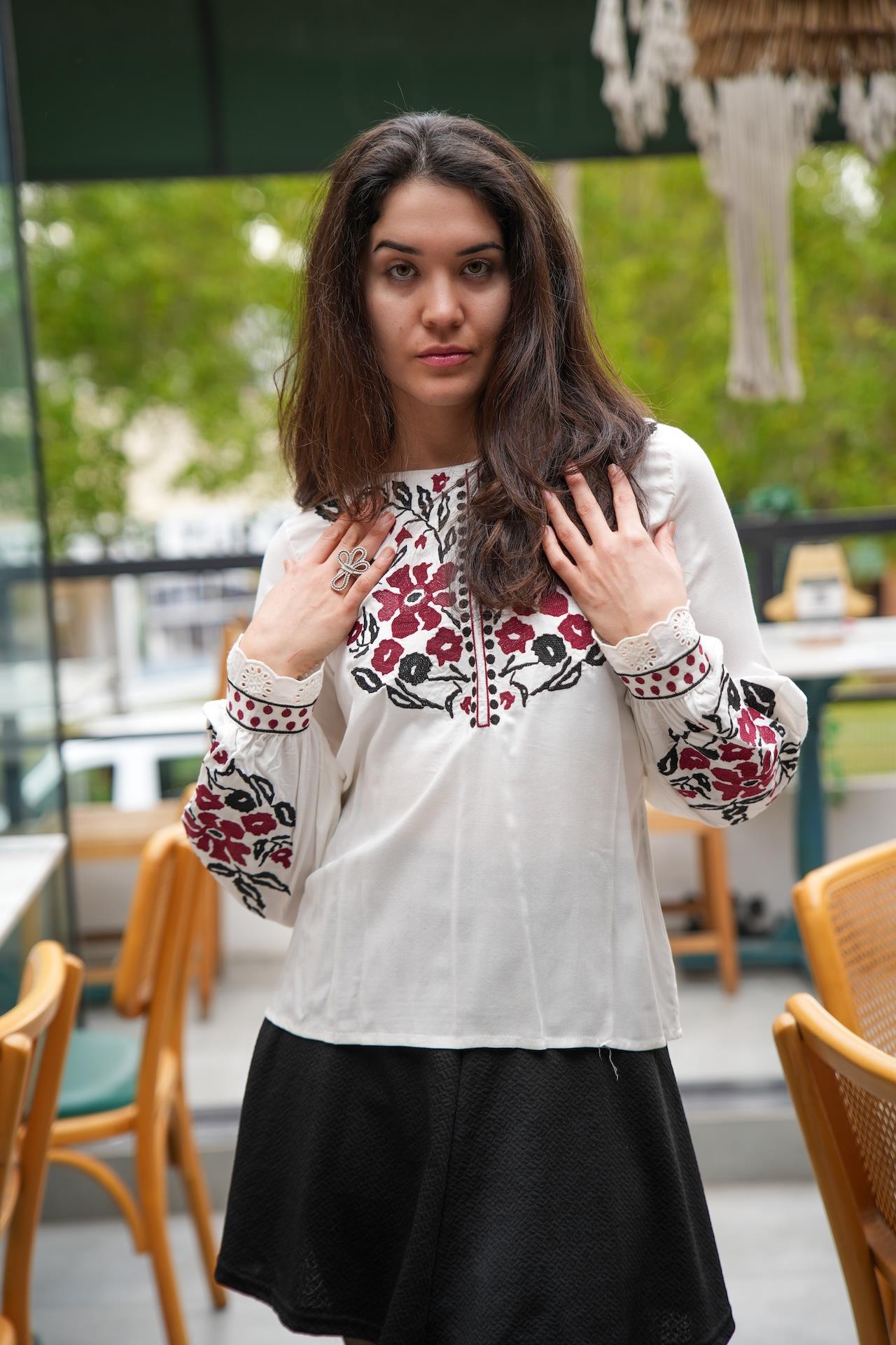 White Blouse with Floral Embroidery and Lace Detail on the Cuffs
