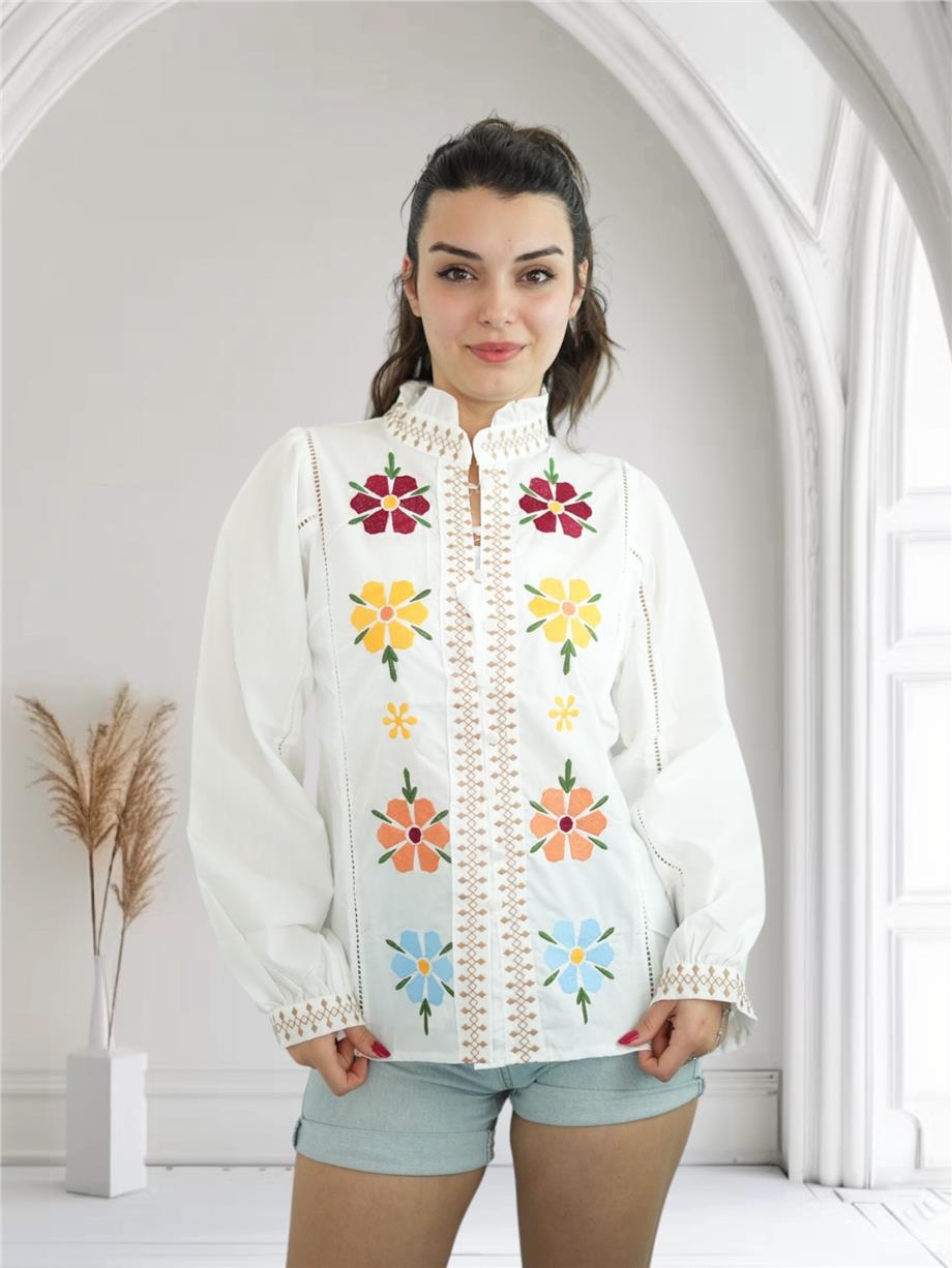 White Shirt with Floral Embroidery