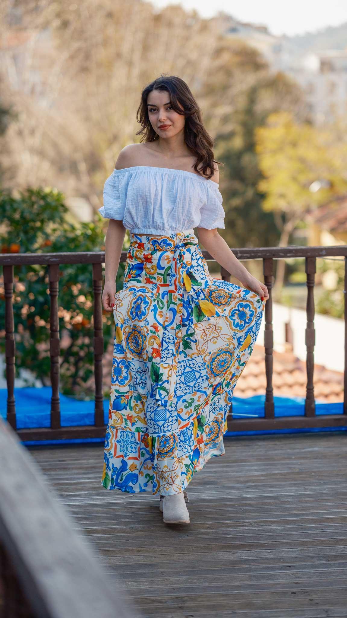 White Patterned Belted Skirt