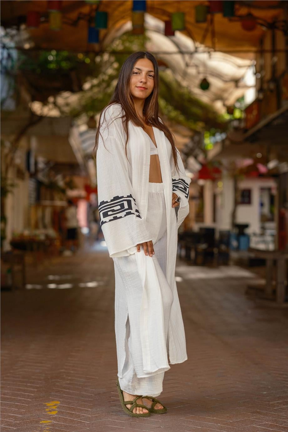 Beyaz Kuş Desenli Müslin Pantolon Kaftan Takım