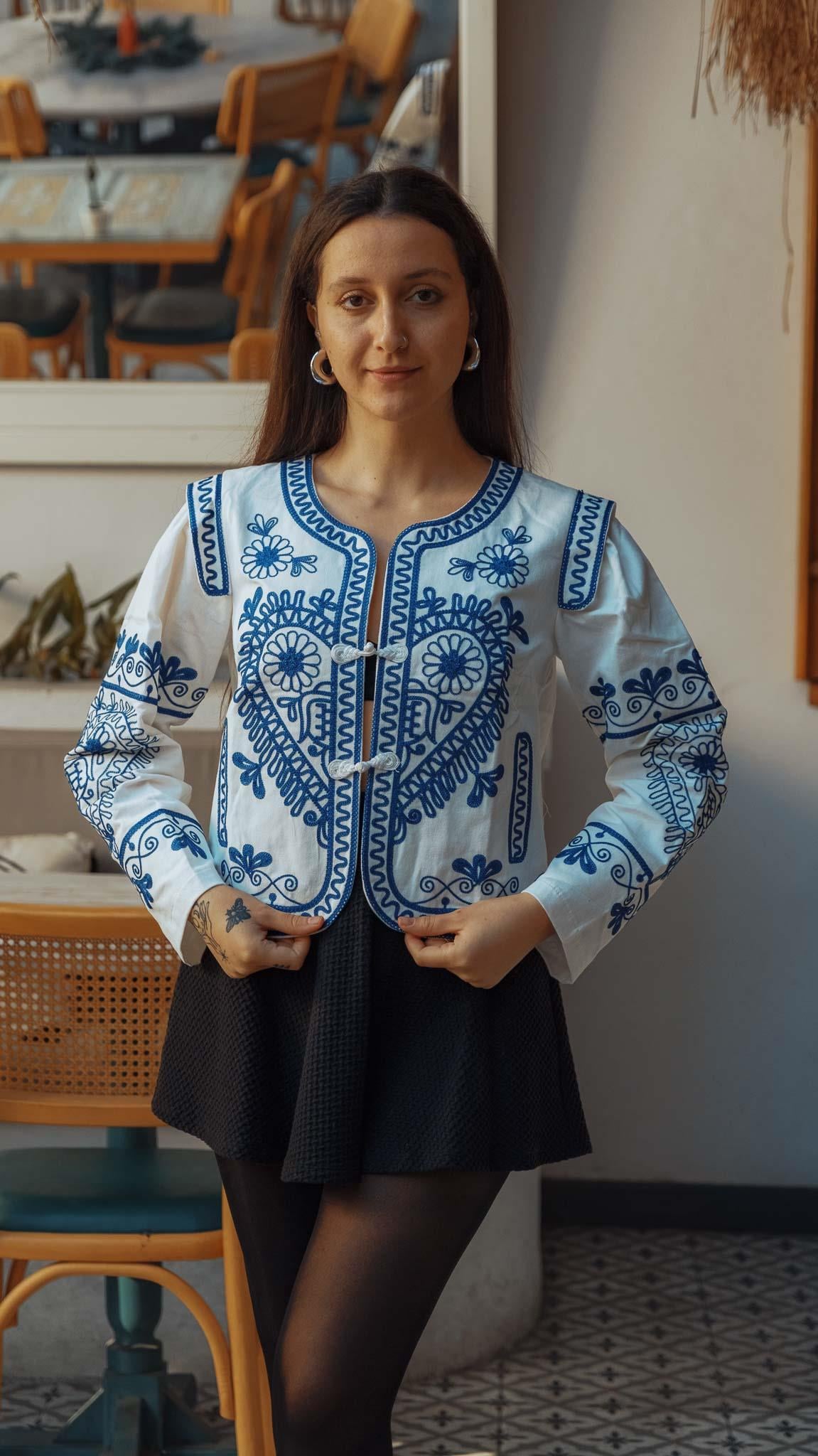 White and Blue Embroidered Designer Jacket