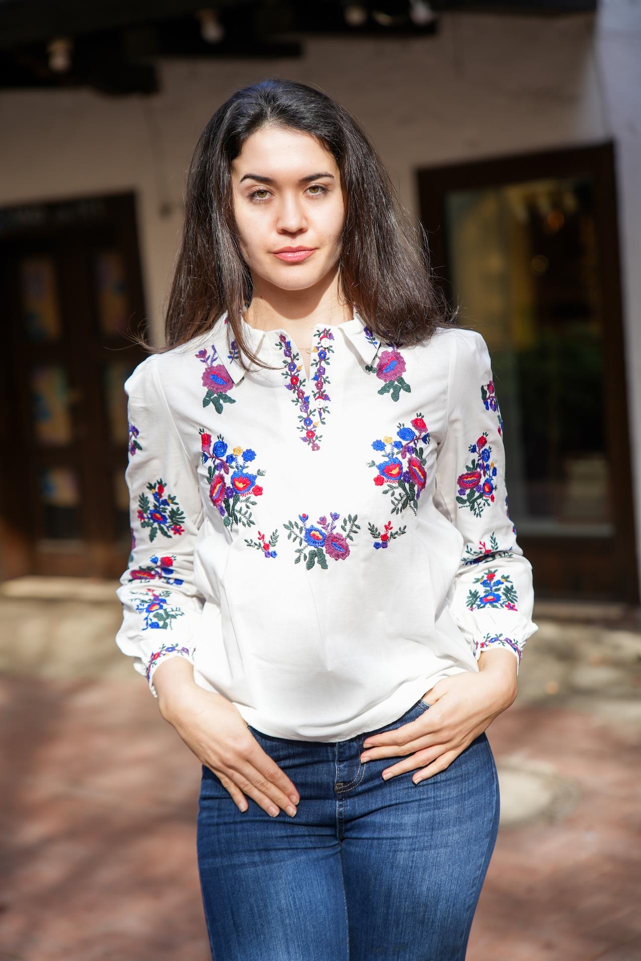 White Two-Button Front Blouse with Floral Embroidery