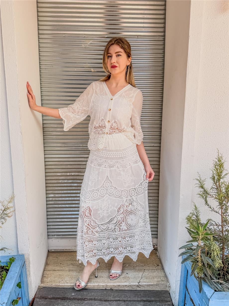 Beyaz Renk Dantel Örme Etek