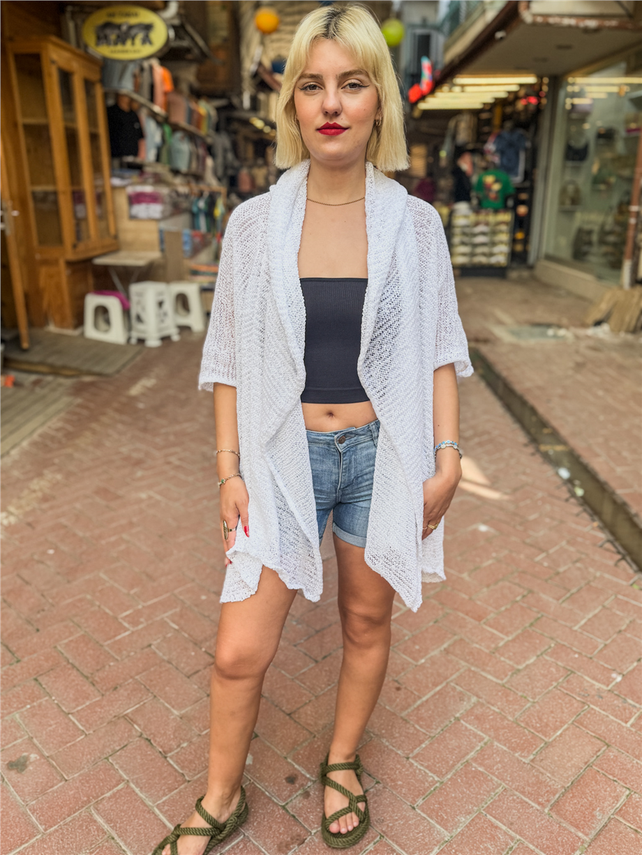 Beyaz Renk Kapüşonlu Merserize Hırka