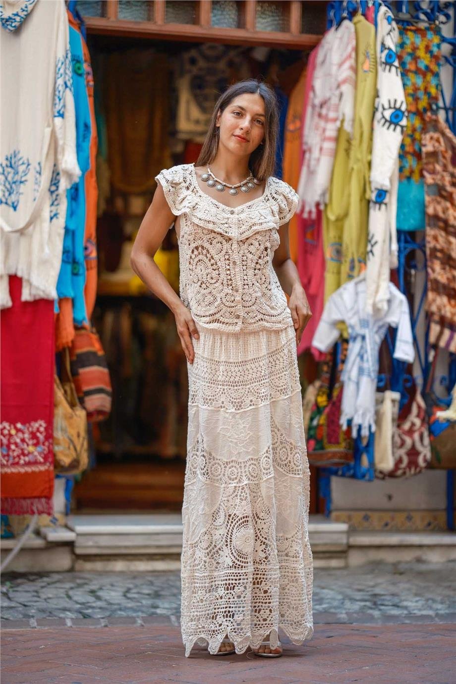 Beyaz Renk Örme Dantel Etek