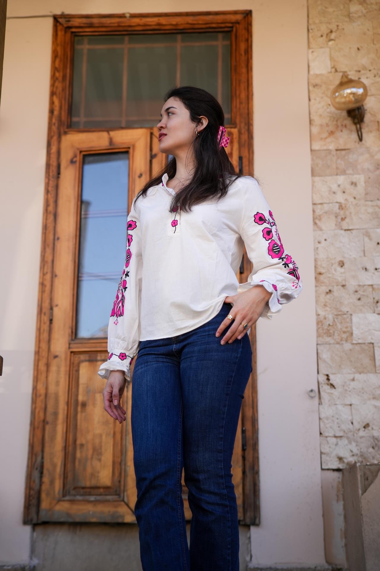 White Blouse with Pink Flower Embroidery