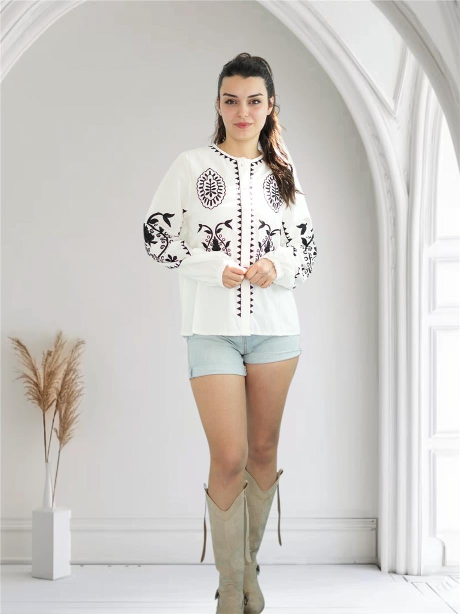 White Design Shirt with Black Embroidery
