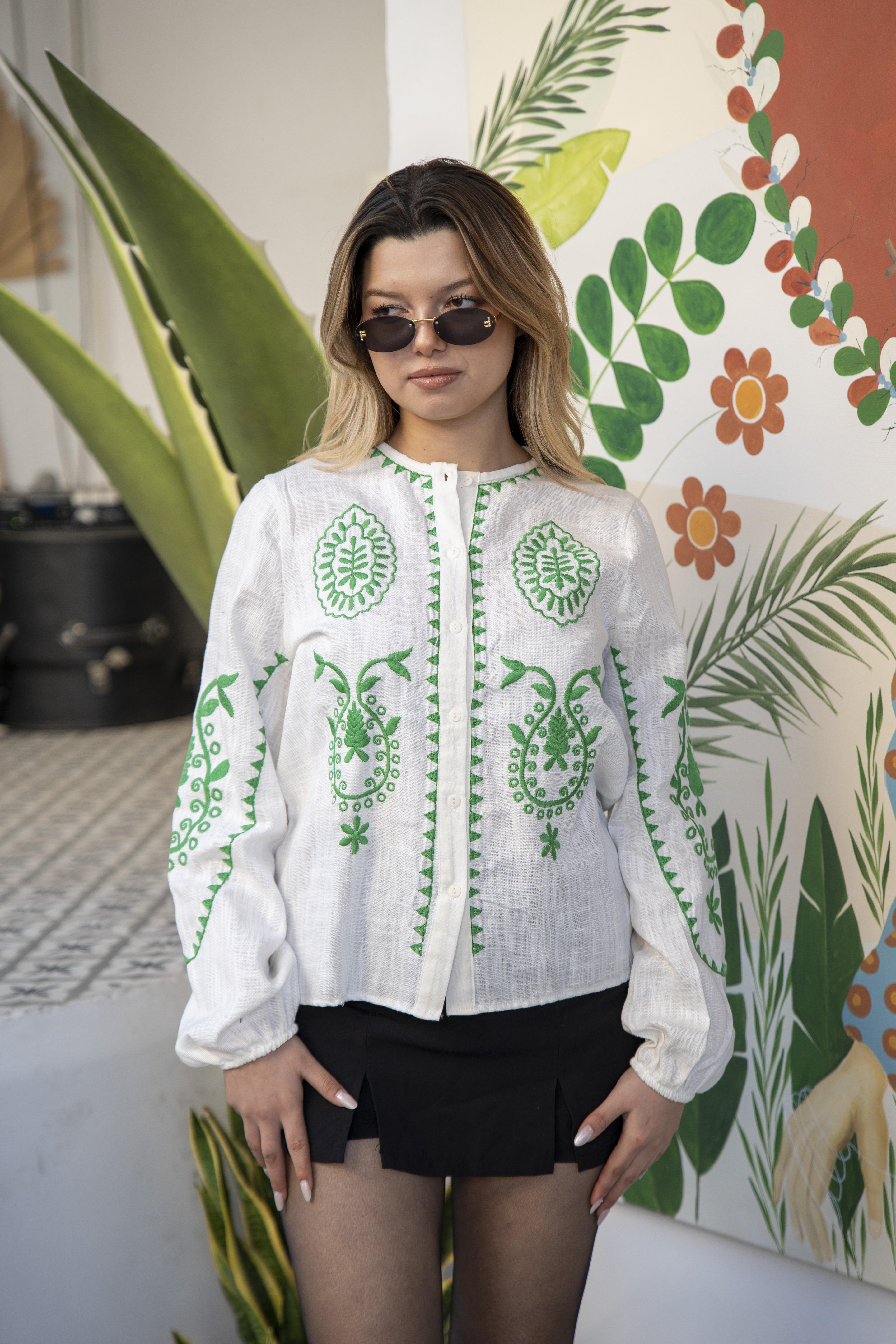 White Design Shirt with Green Embroidery