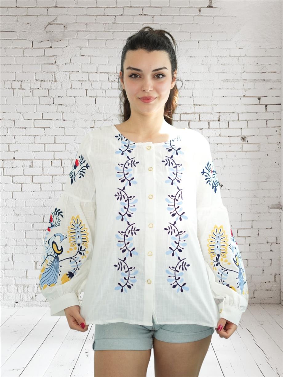 White Shirt with Peacock Embroidery