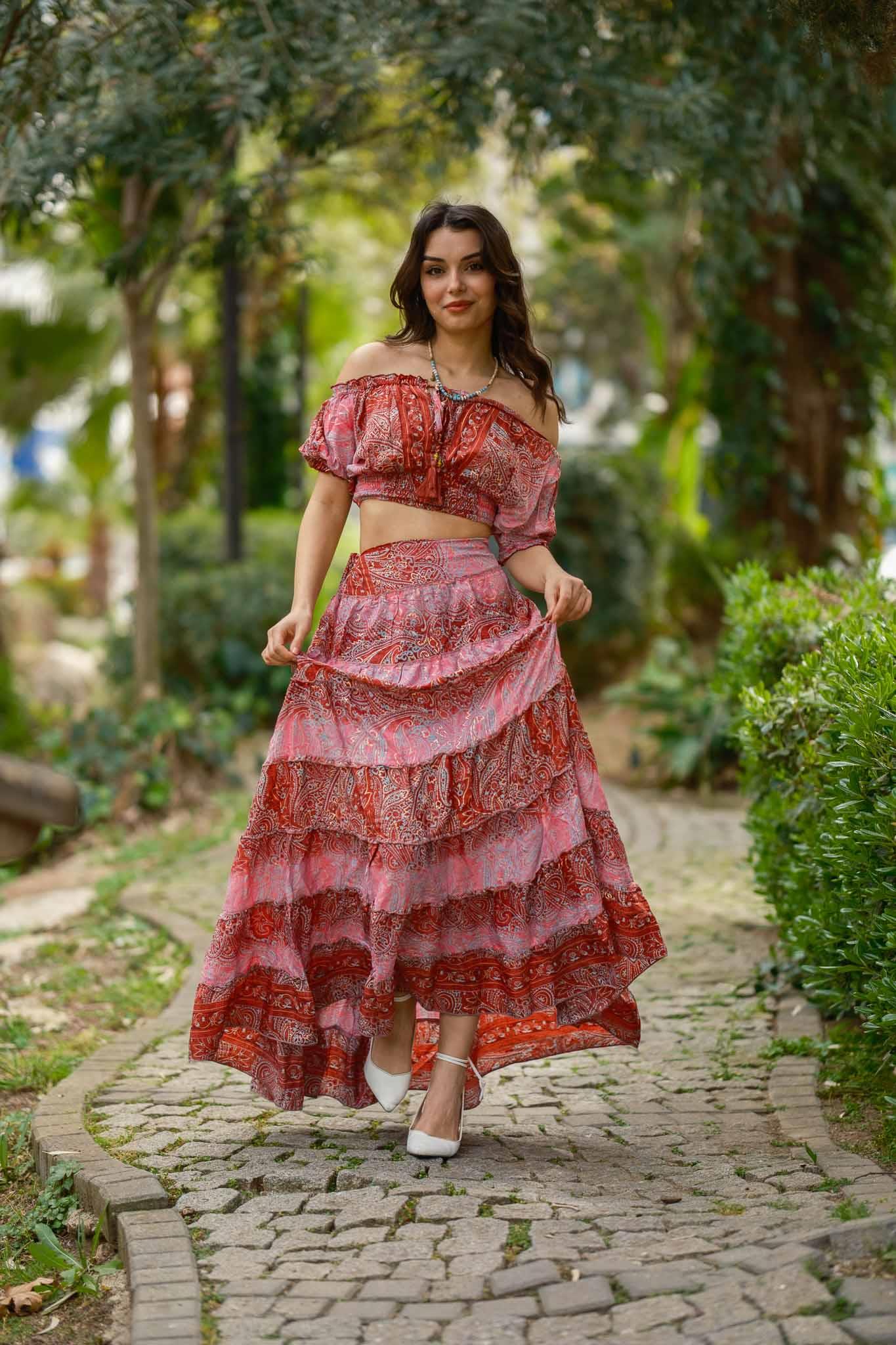 Bordo İpek Etek Bluz Takım