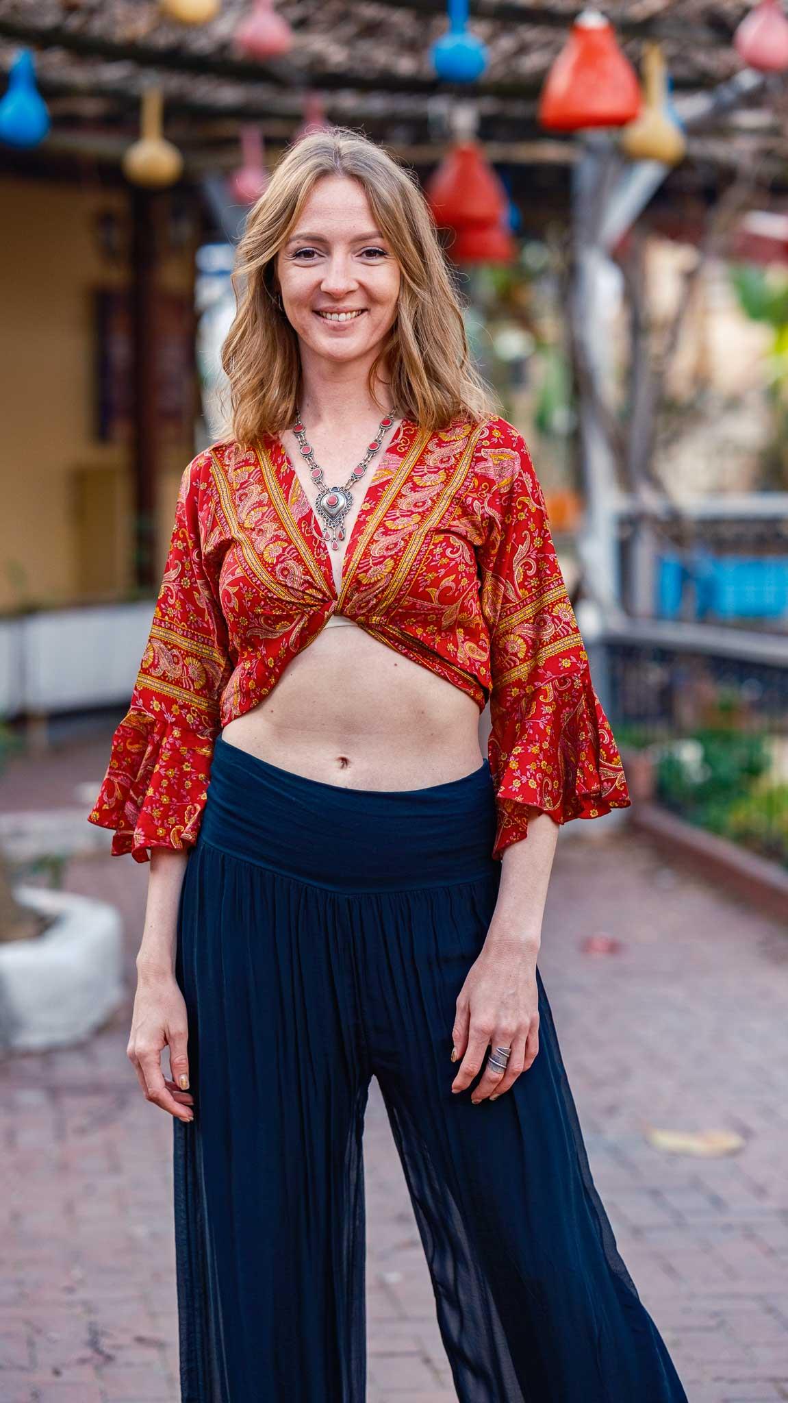 Bordo İspanyol Kol Desenli İpek Bluz