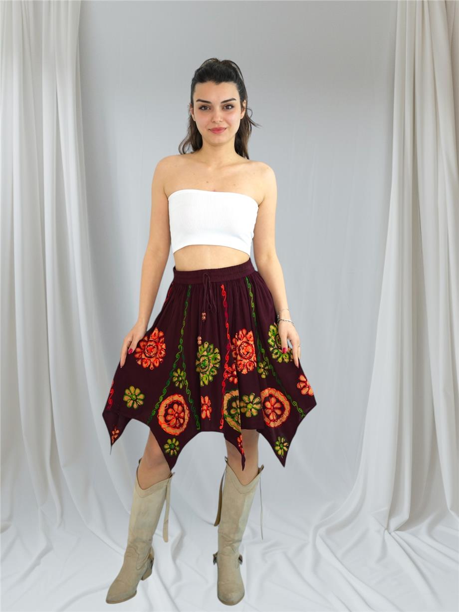 Bordo Nakışlı Papatya Desenli Hint Etek