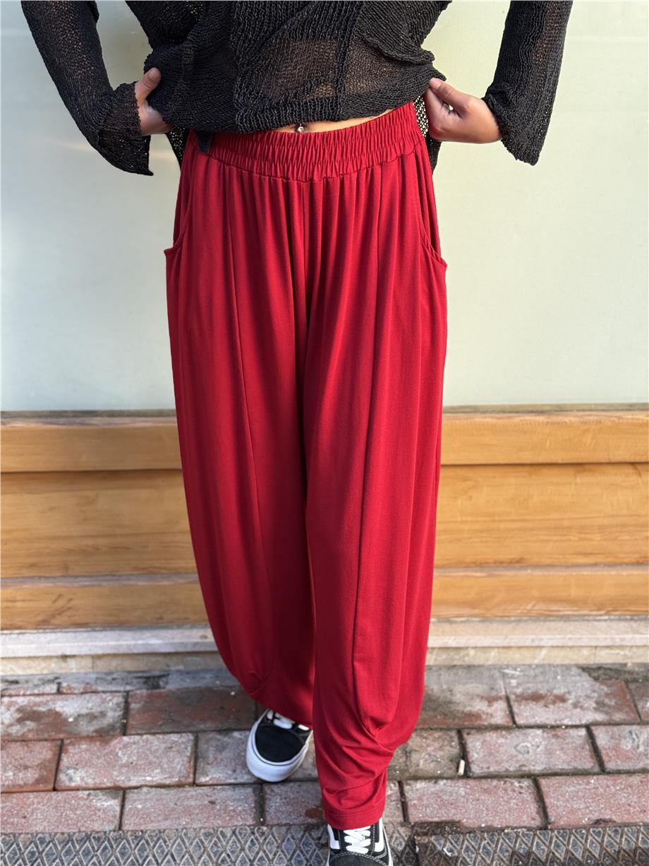 Bordo Renk Cep Detaylı Salaş Pantolon